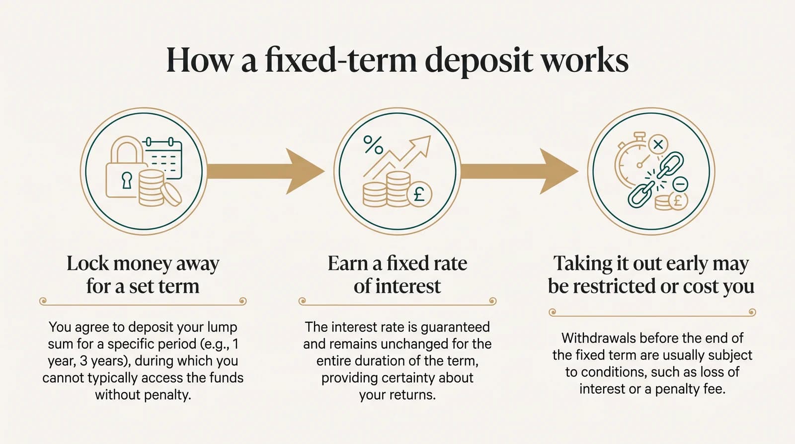 How a fixed-term deposit works: lock money away for a set term; earn a fixed rate of interest; taking it out early may be restricted or cost you.
