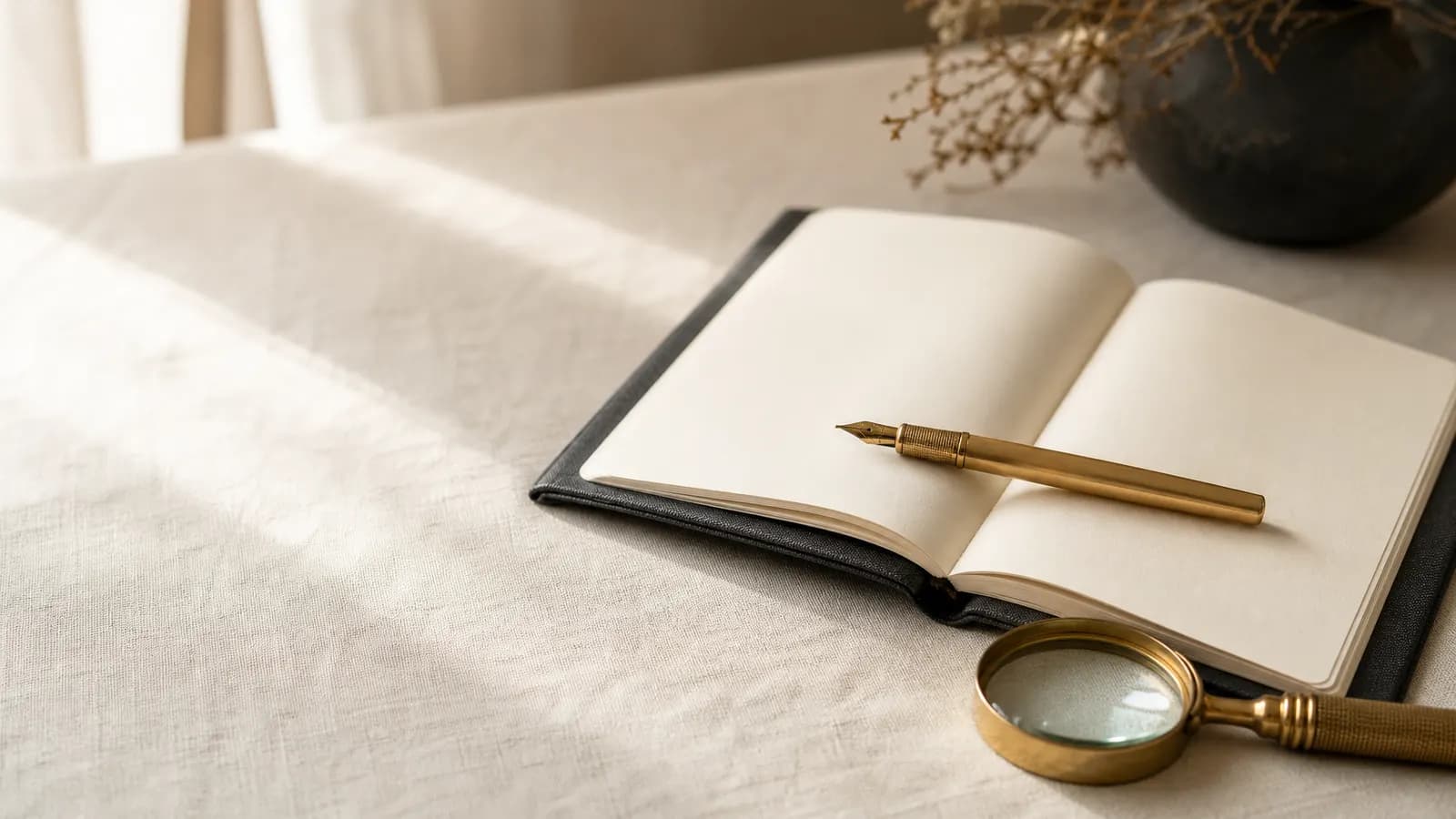 Open notebook with a gold fountain pen and a magnifying glass