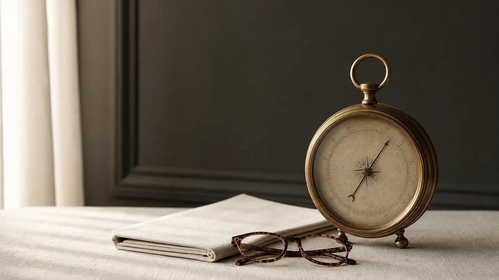 Brass barometer beside a folded newspaper and reading glasses