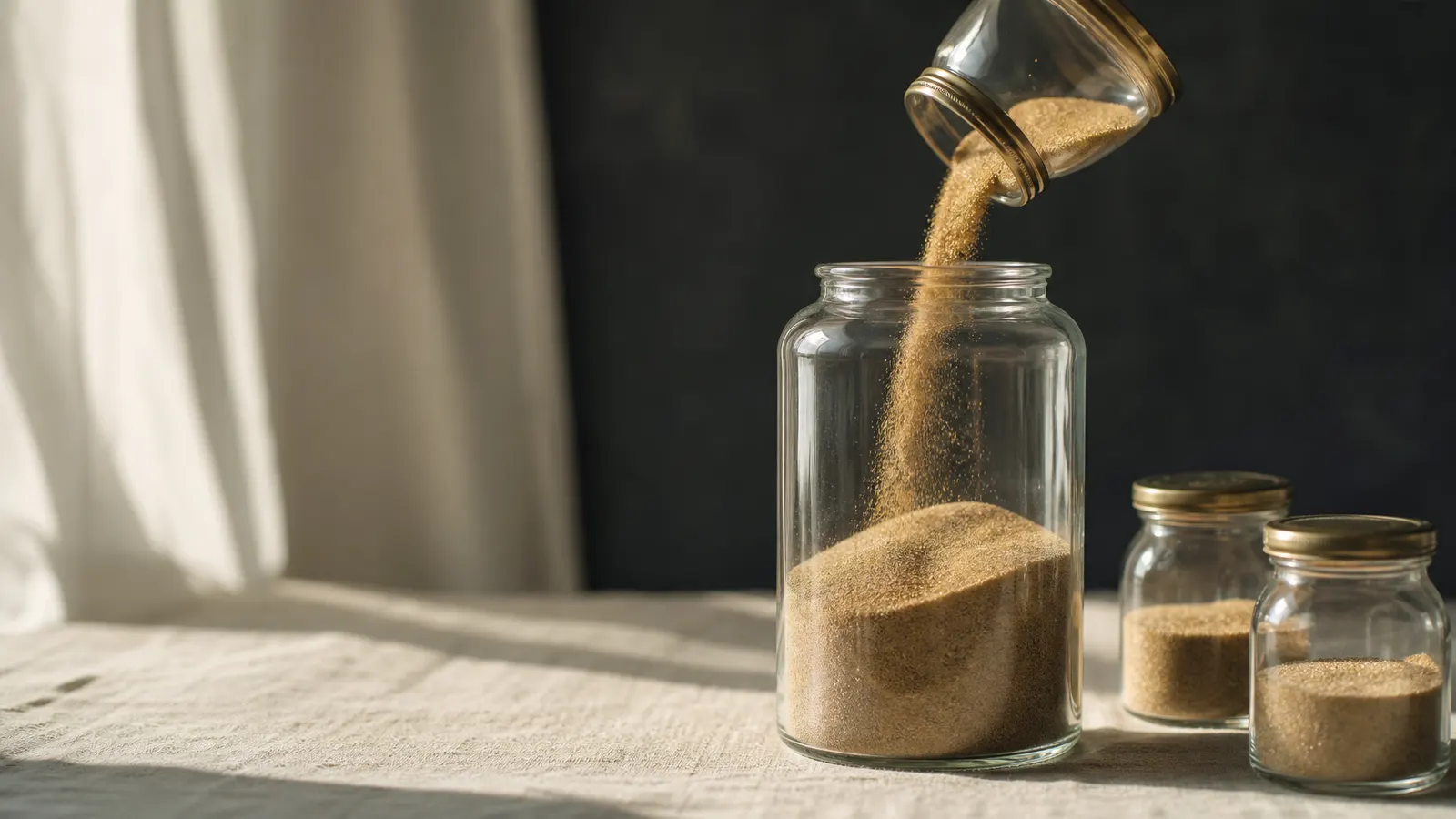 Golden sand being poured from small jars into one larger jar