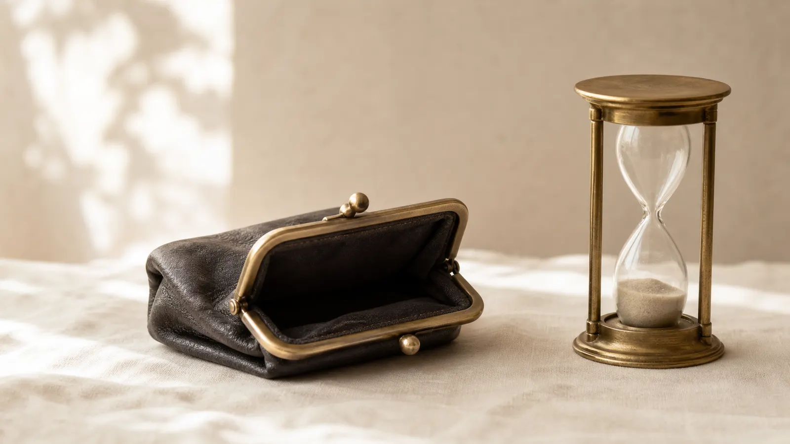 Leather purse with a brass clasp beside an hourglass