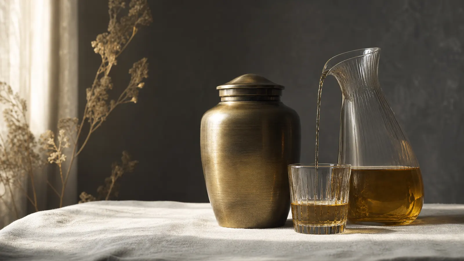 A sealed brass urn beside a glass carafe pouring into a glass