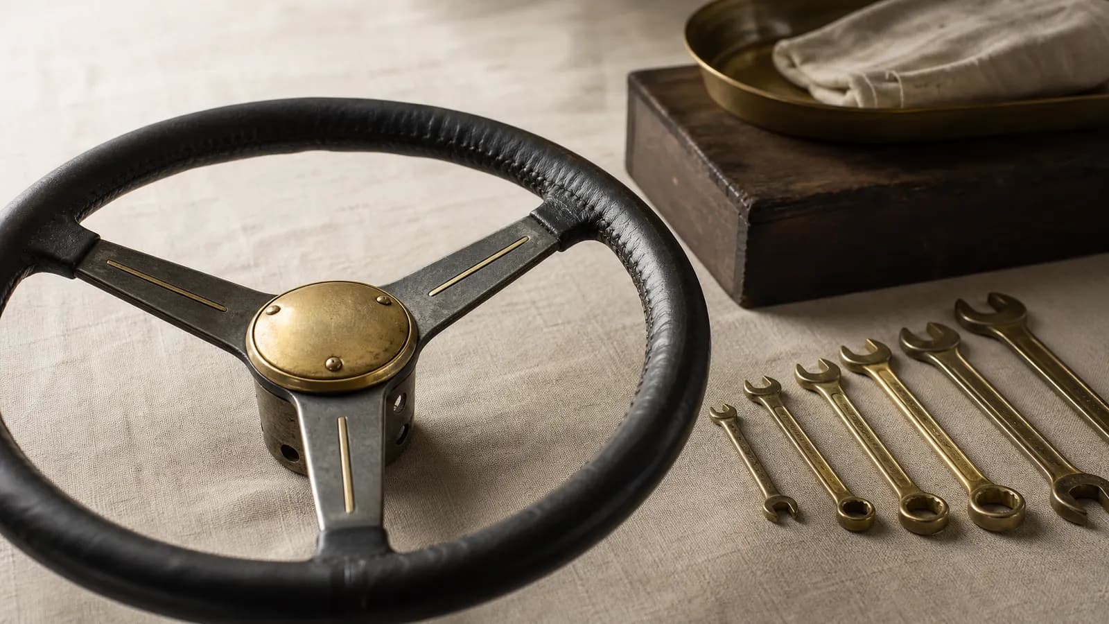 Vintage steering wheel and brass spanners on a workbench