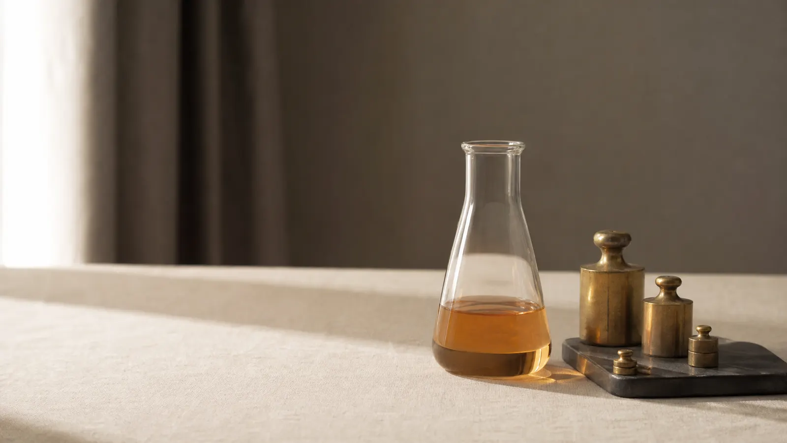 Glass laboratory flask beside brass weights