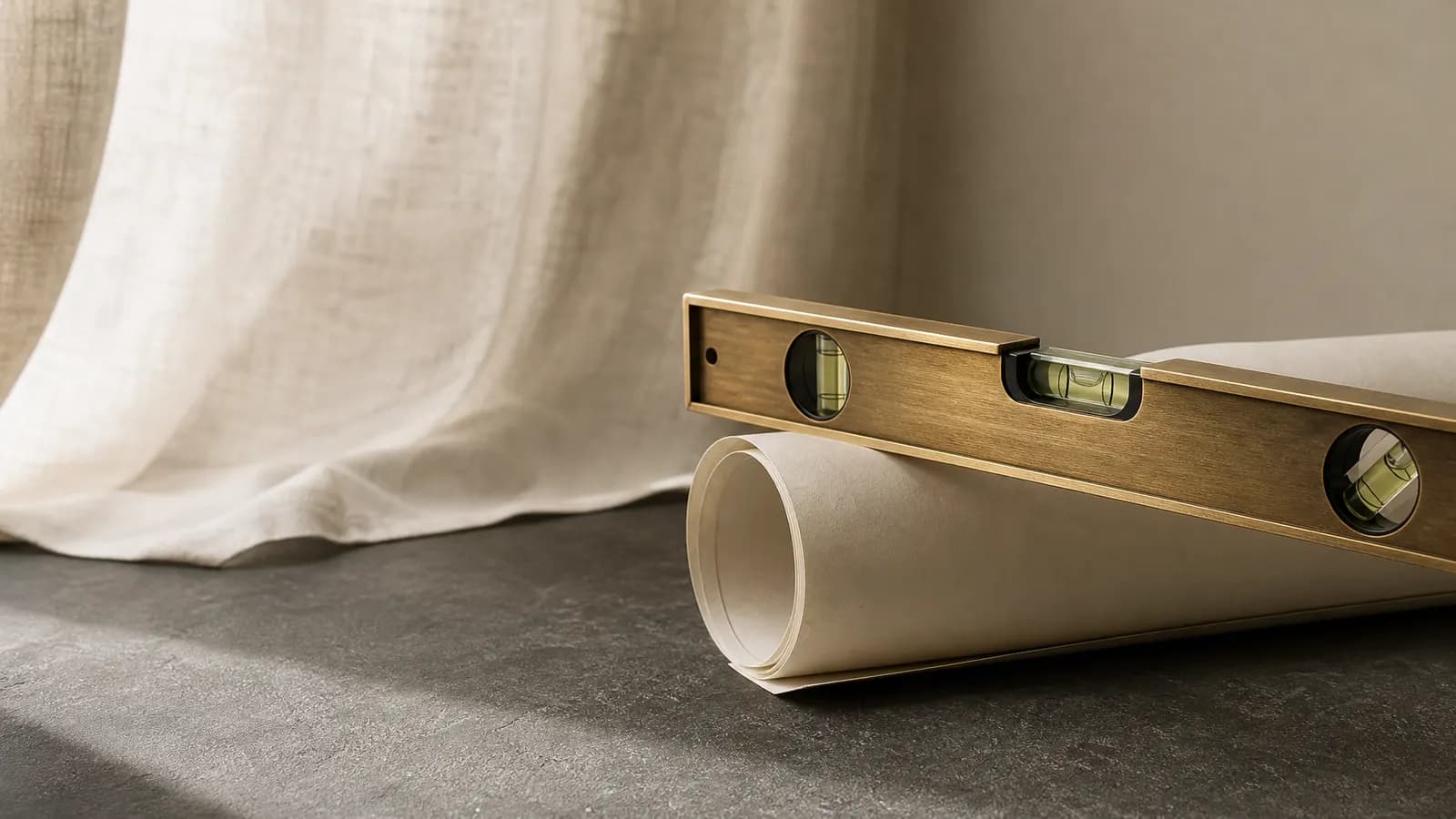 Brass spirit level on a rolled architectural drawing