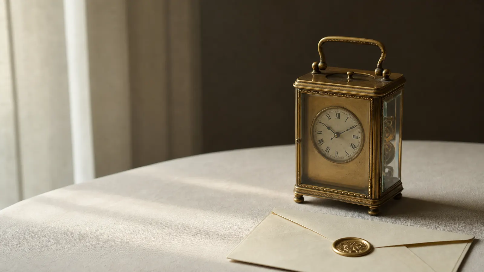 Brass carriage clock beside a sealed envelope