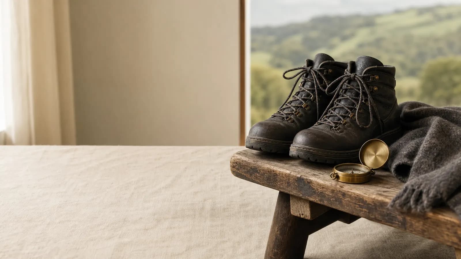 Walking boots and a brass compass on a bench overlooking countryside