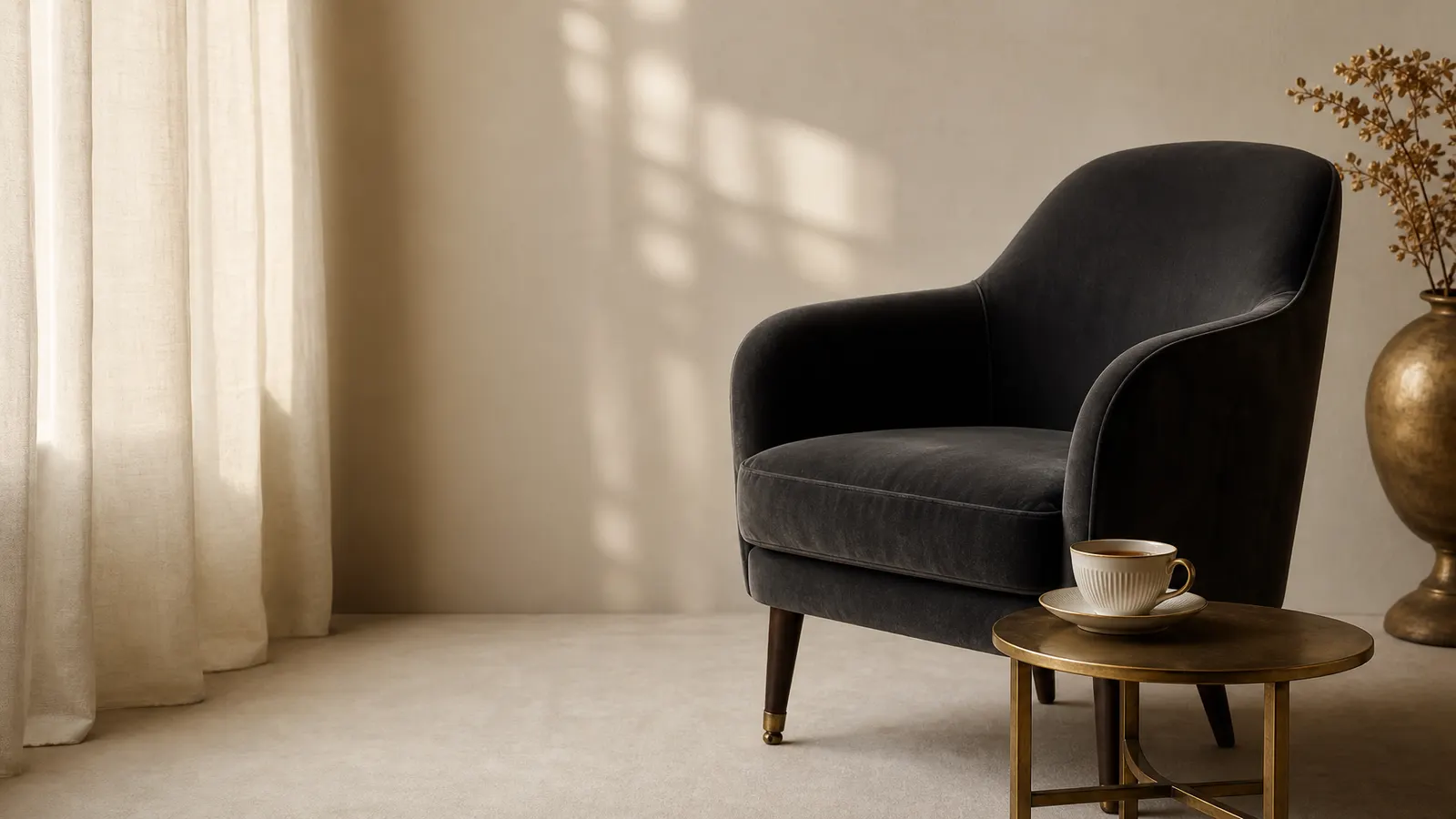A single armchair with a cup of tea on a brass side table