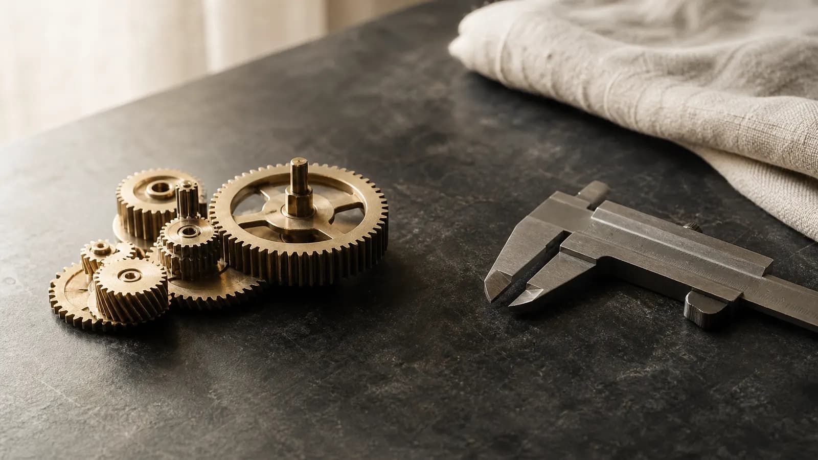 Brass gears and a calliper on a workbench