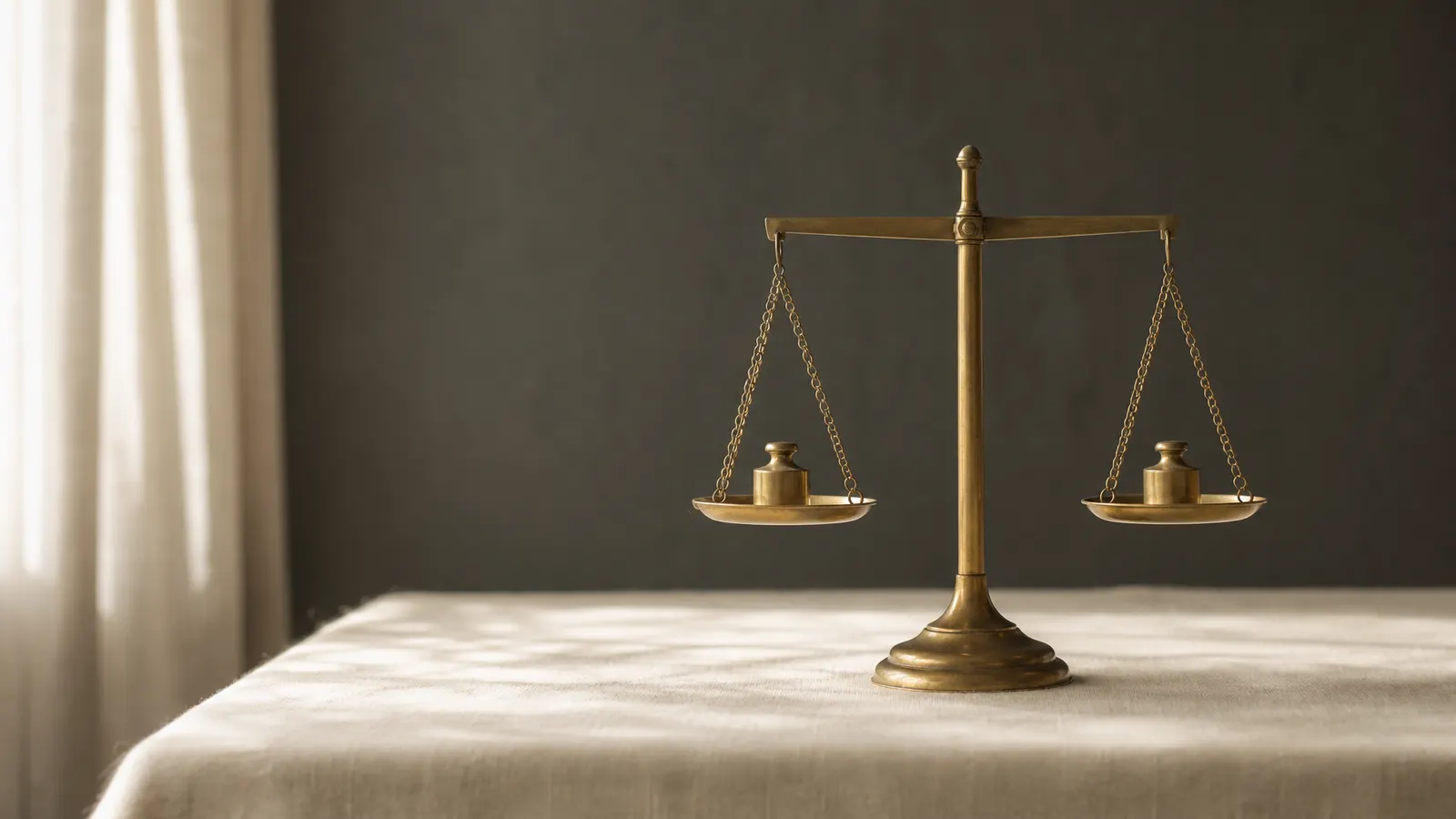 A balance scale with two identical weights, perfectly level