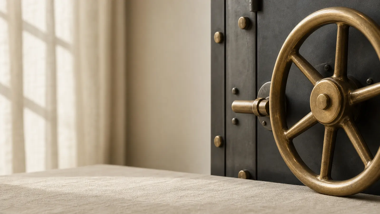 Brass vault door wheel in charcoal steel