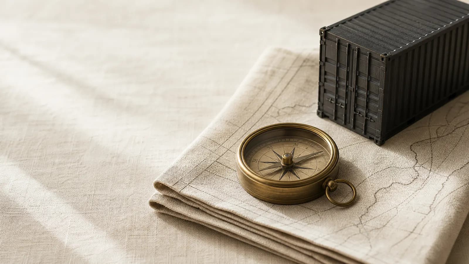 Ship's compass on a folded map beside a model container