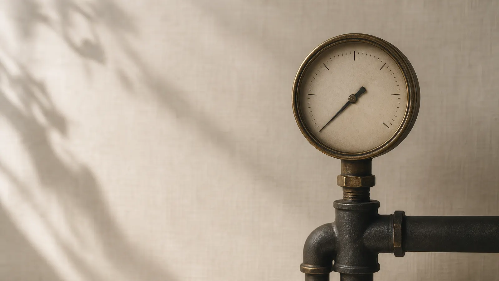 Vintage brass pressure gauge on charcoal pipework