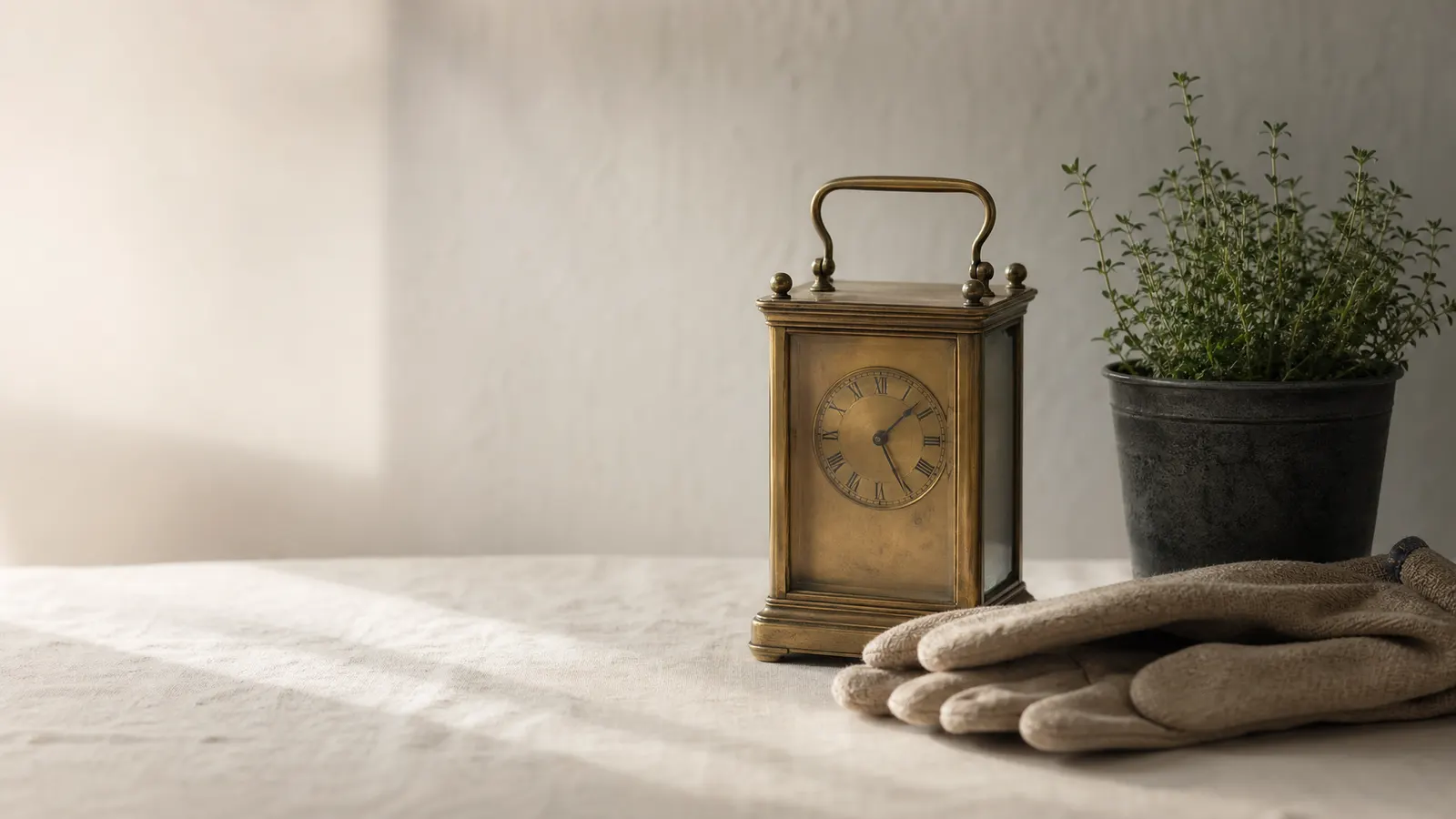 Carriage clock beside gardening gloves and a potted herb