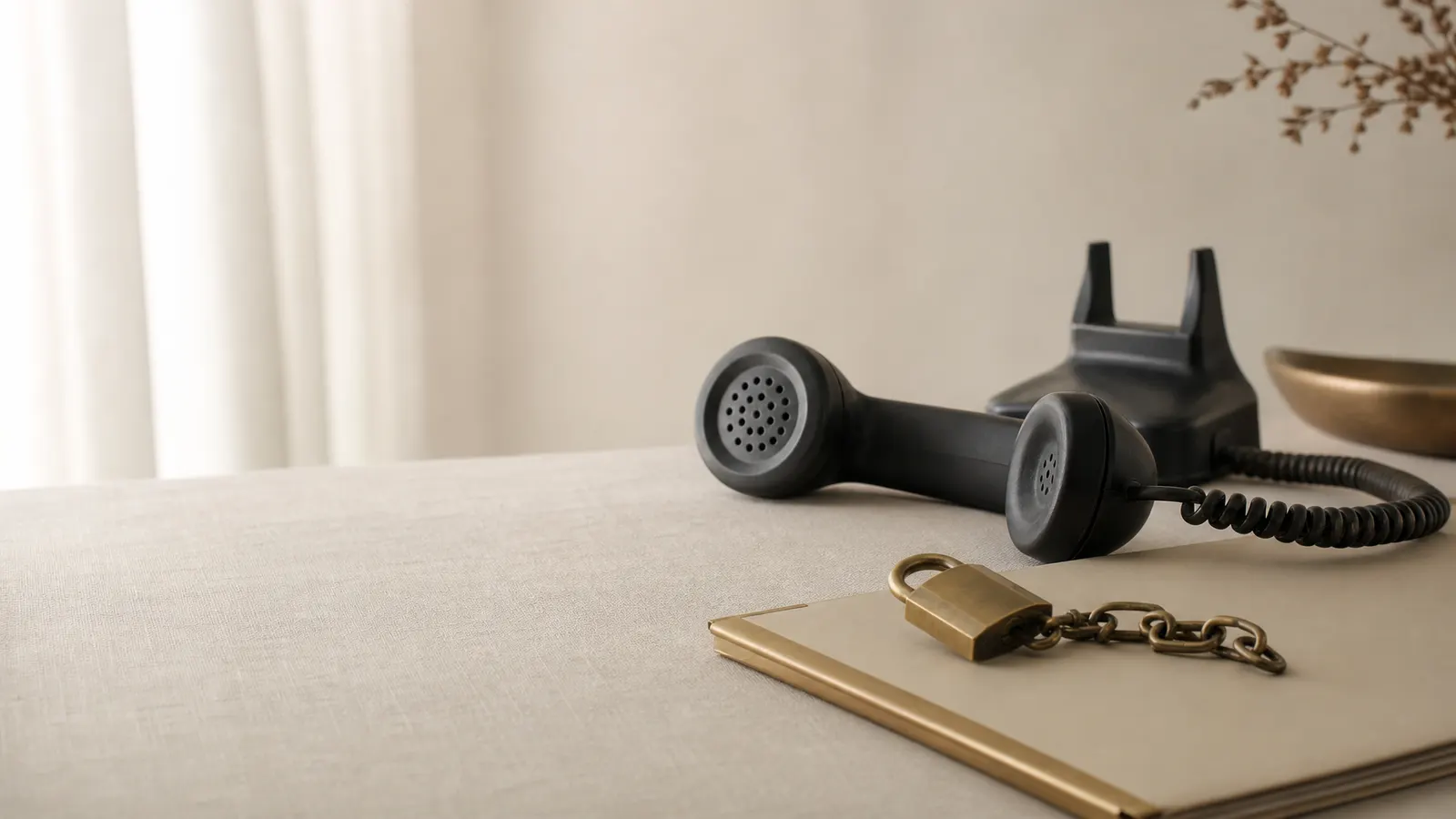 Telephone receiver beside a padlock and chain on a folder