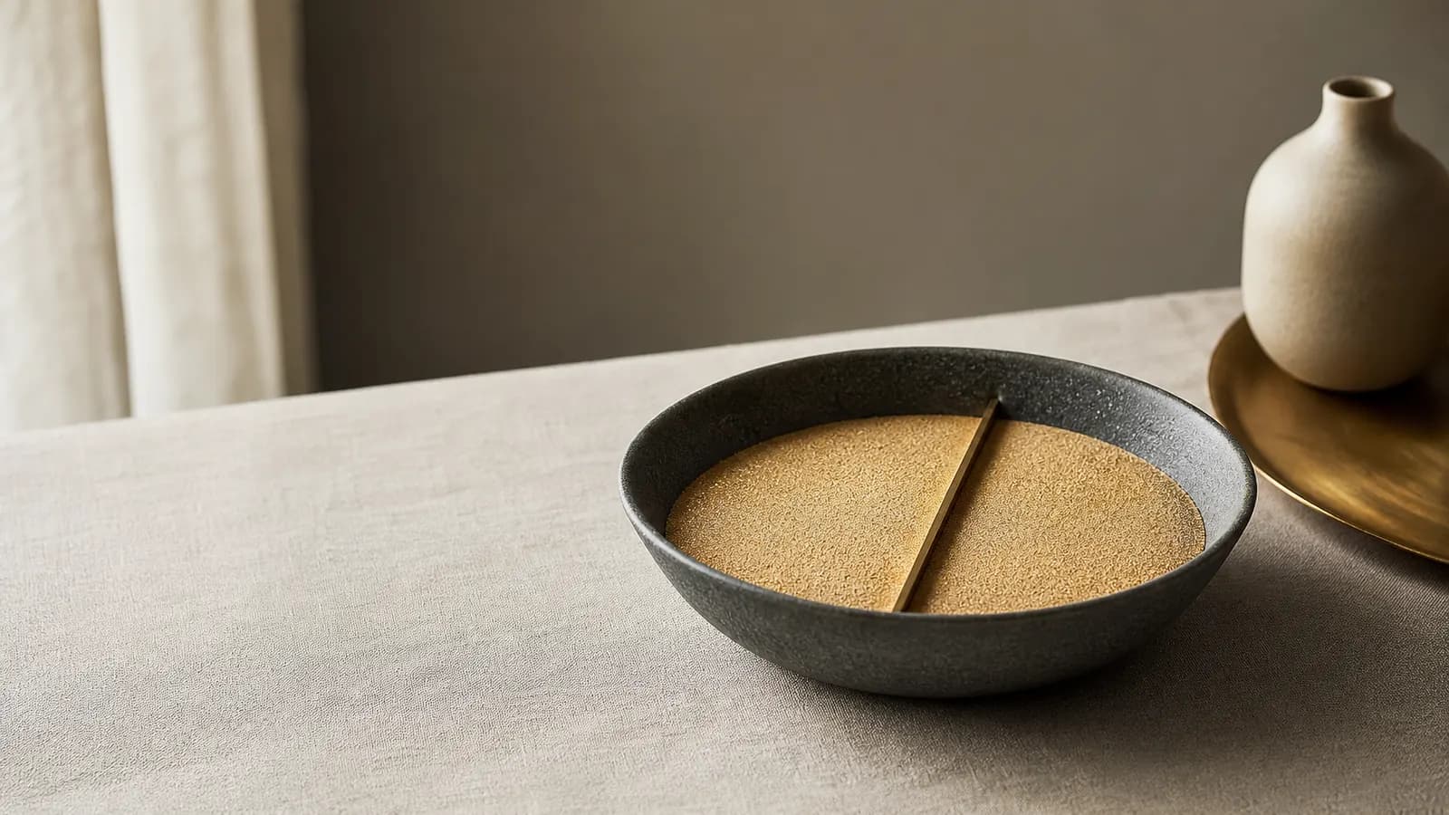 A bowl of golden sand divided into two equal halves