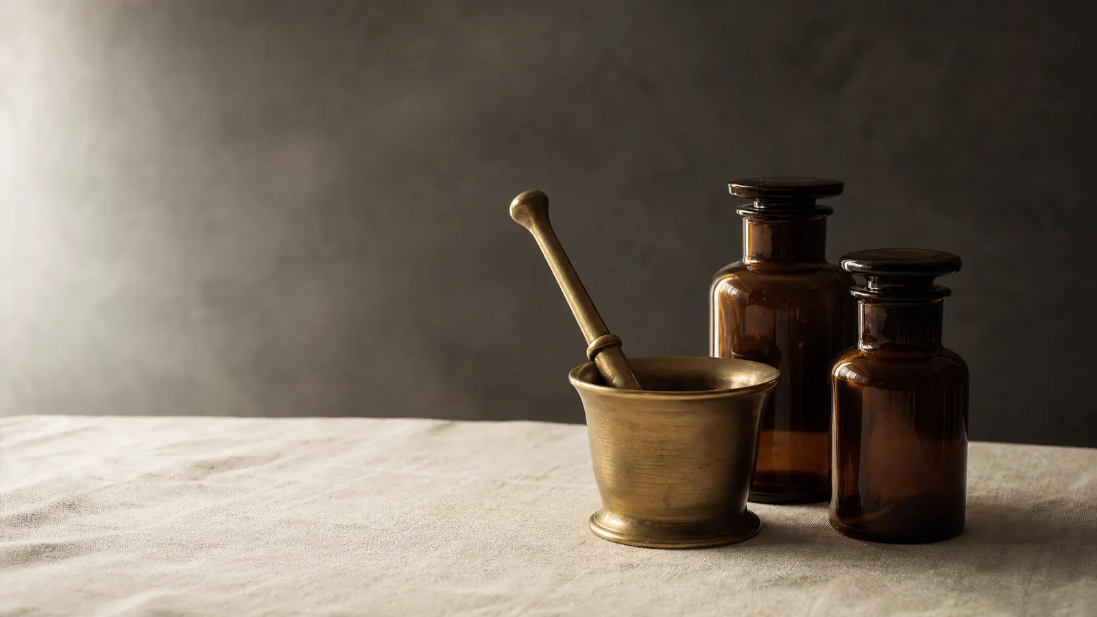 Brass mortar and pestle beside amber glass bottles