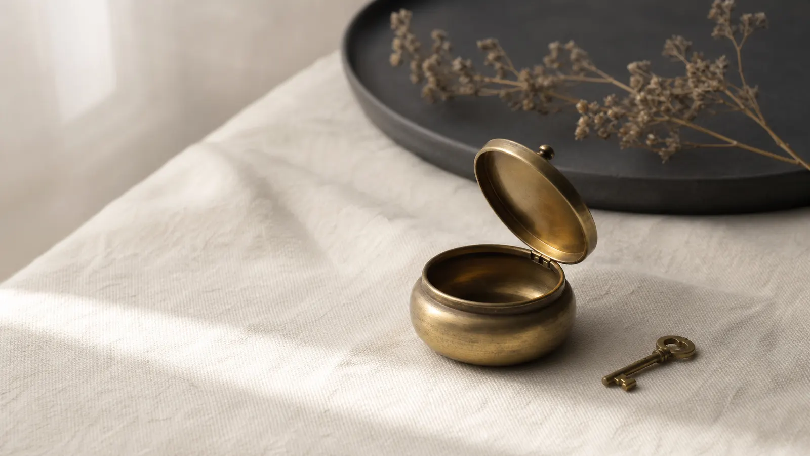 Small open brass box with a tiny gold key