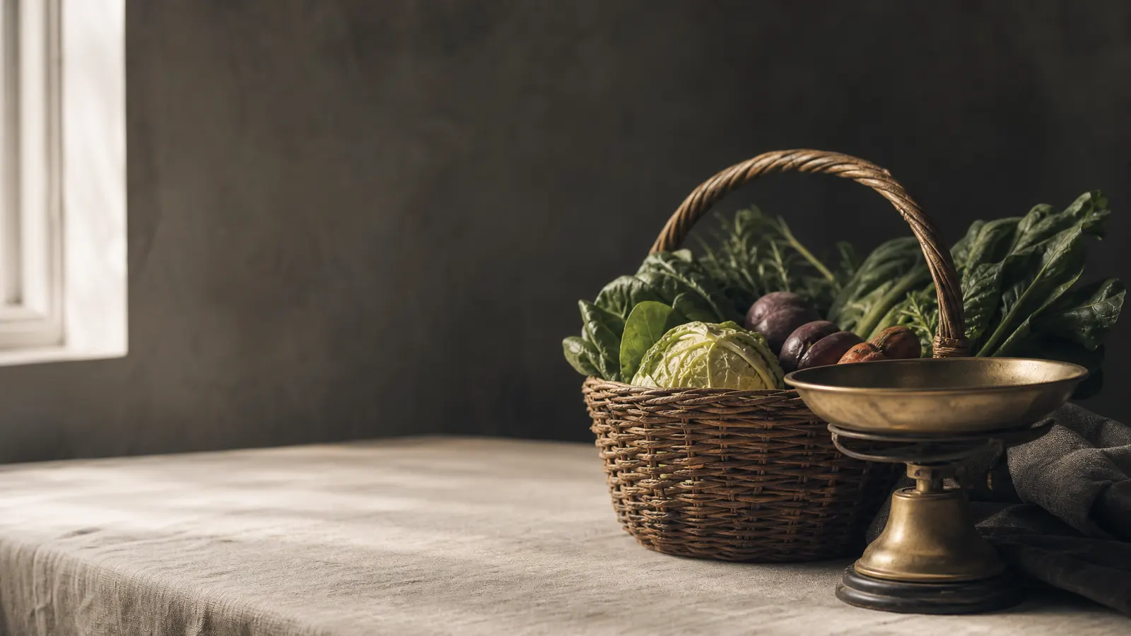 Basket of fresh produce beside brass shop scales