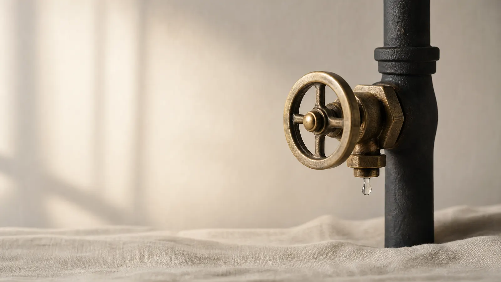 Brass valve wheel on a pipe with a water droplet