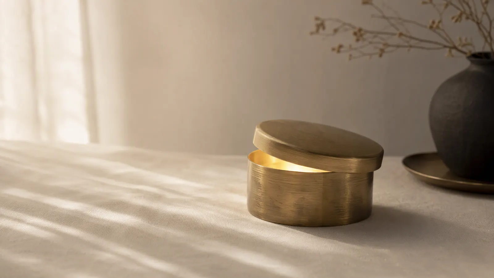Small brass box with its lid ajar