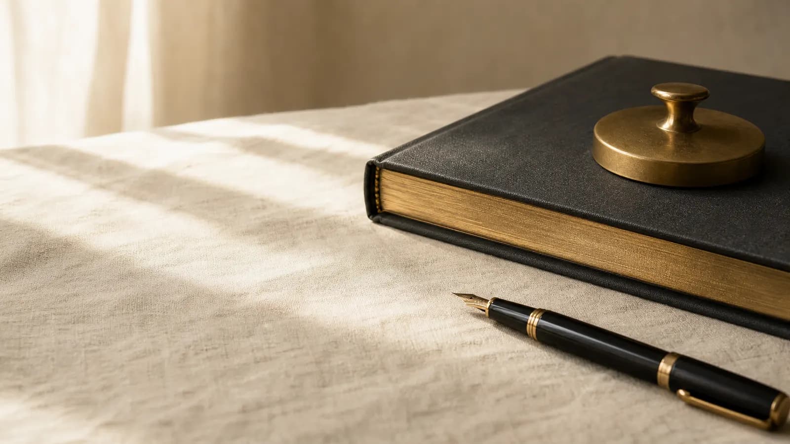 Closed ledger with a brass paperweight and fountain pen