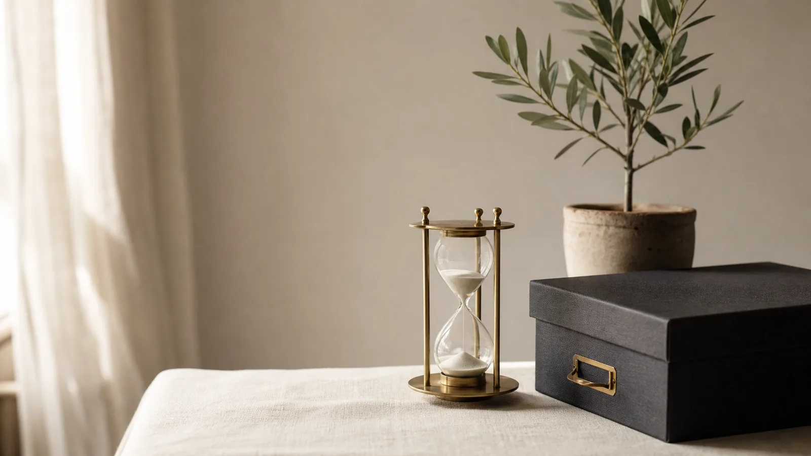 Hourglass beside a box file and a small olive sapling