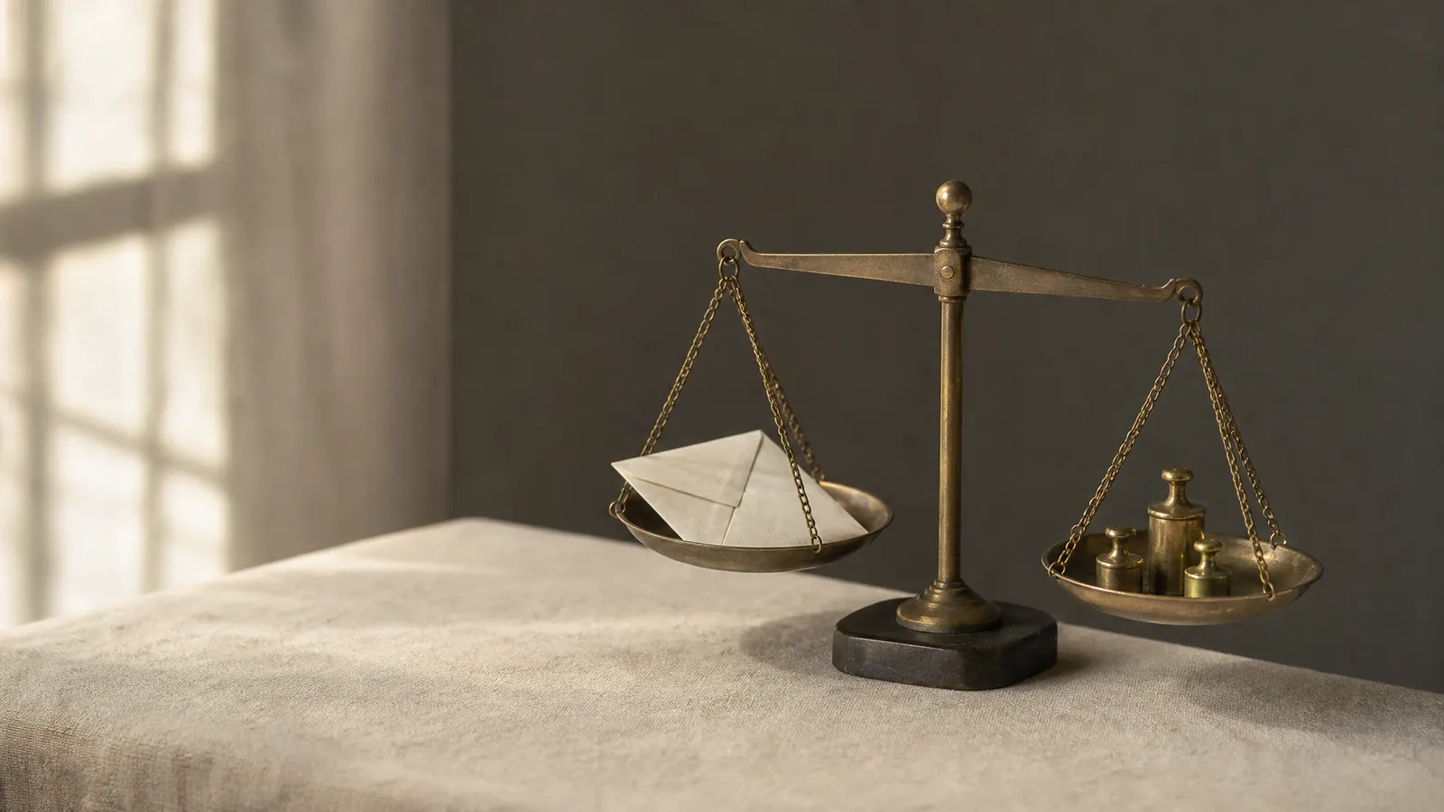 Scale balancing an envelope against small gold weights