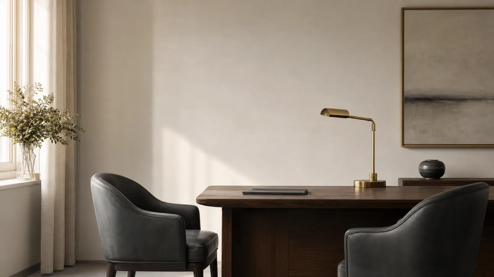 Two chairs facing across a desk with a brass lamp