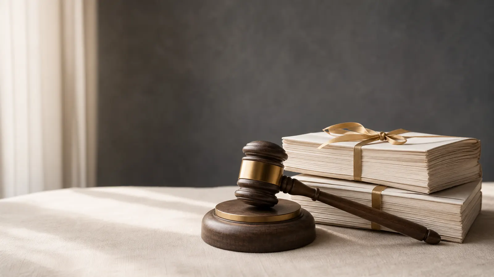 Gavel beside two equal stacks of papers