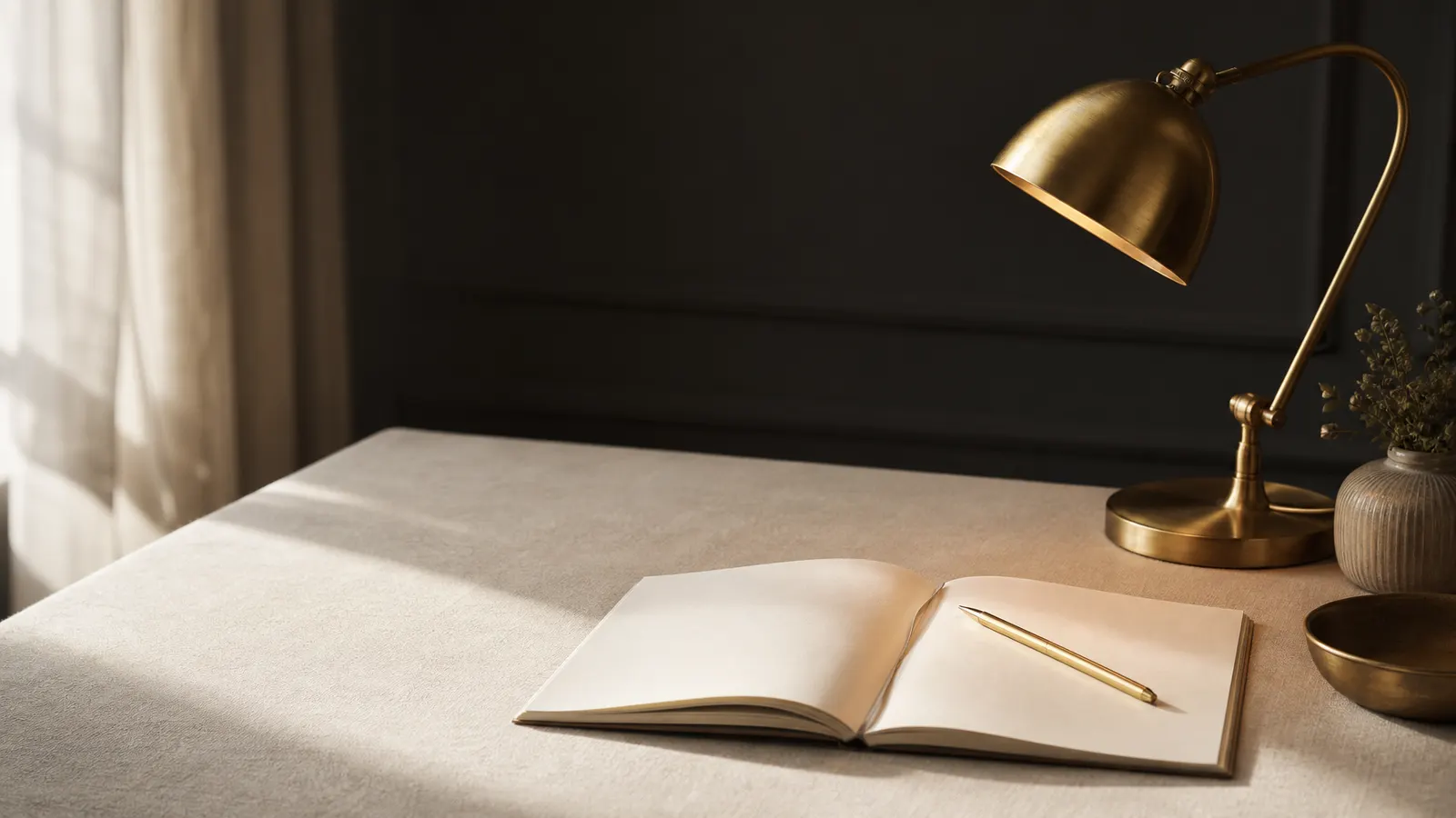 Brass desk lamp lighting an open notepad