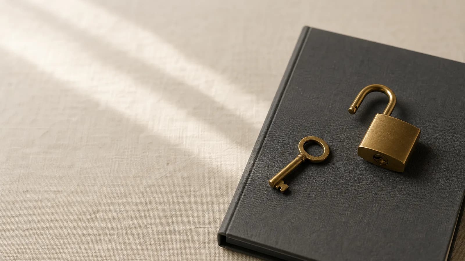 Brass key and open padlock on a portfolio