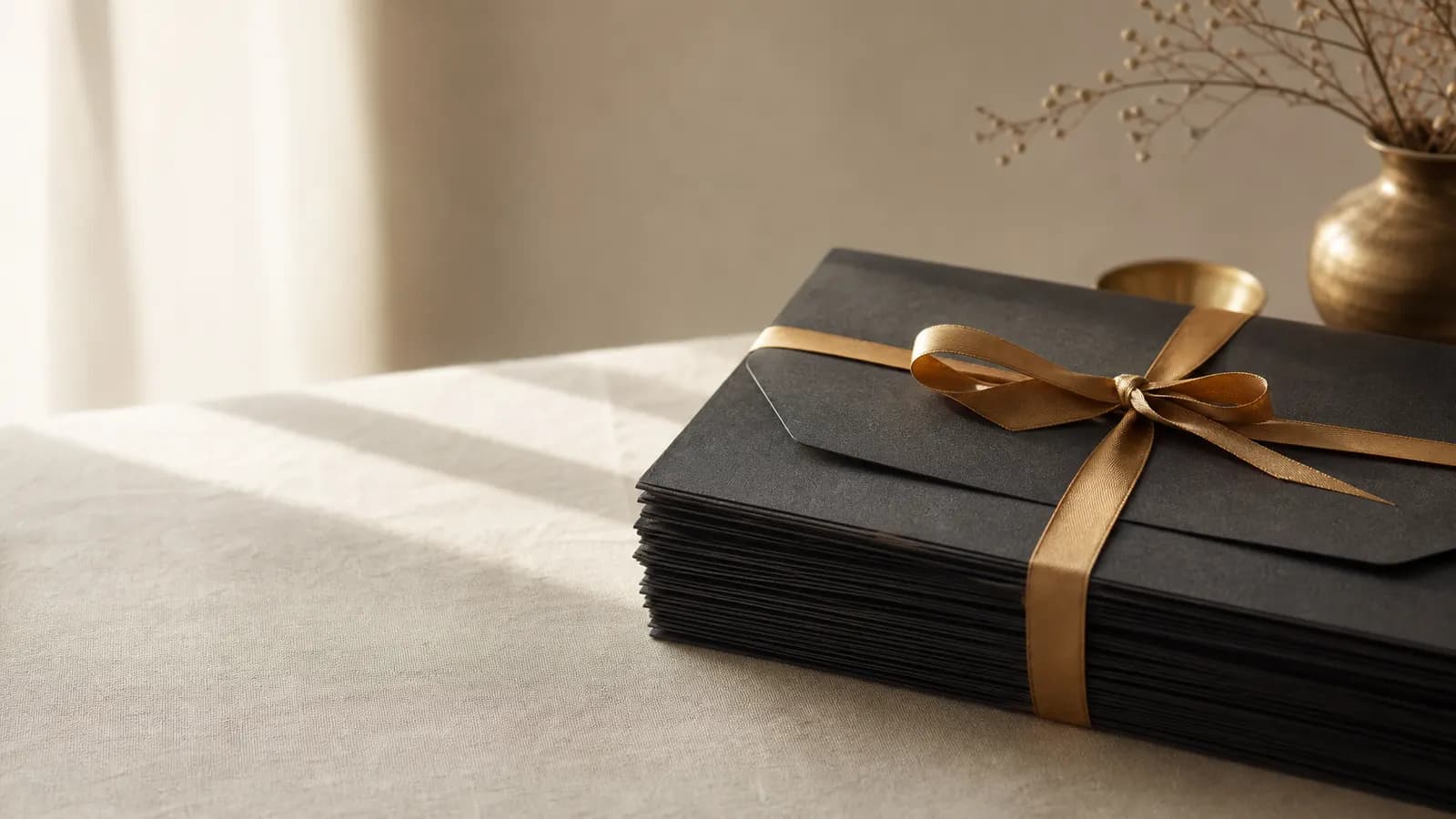 Stacked folders tied with a gold ribbon