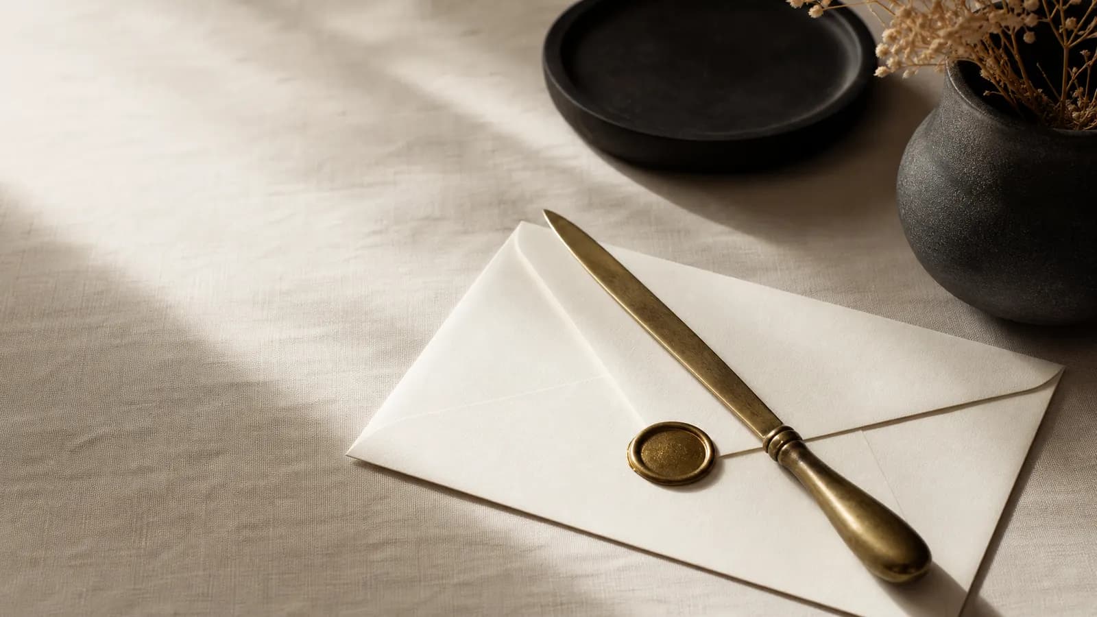 Brass letter opener on a sealed envelope