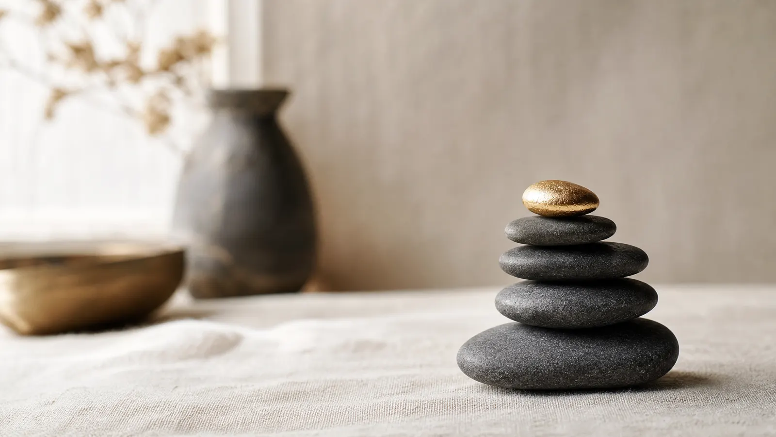 Balanced stack of smooth pebbles topped with a gold stone