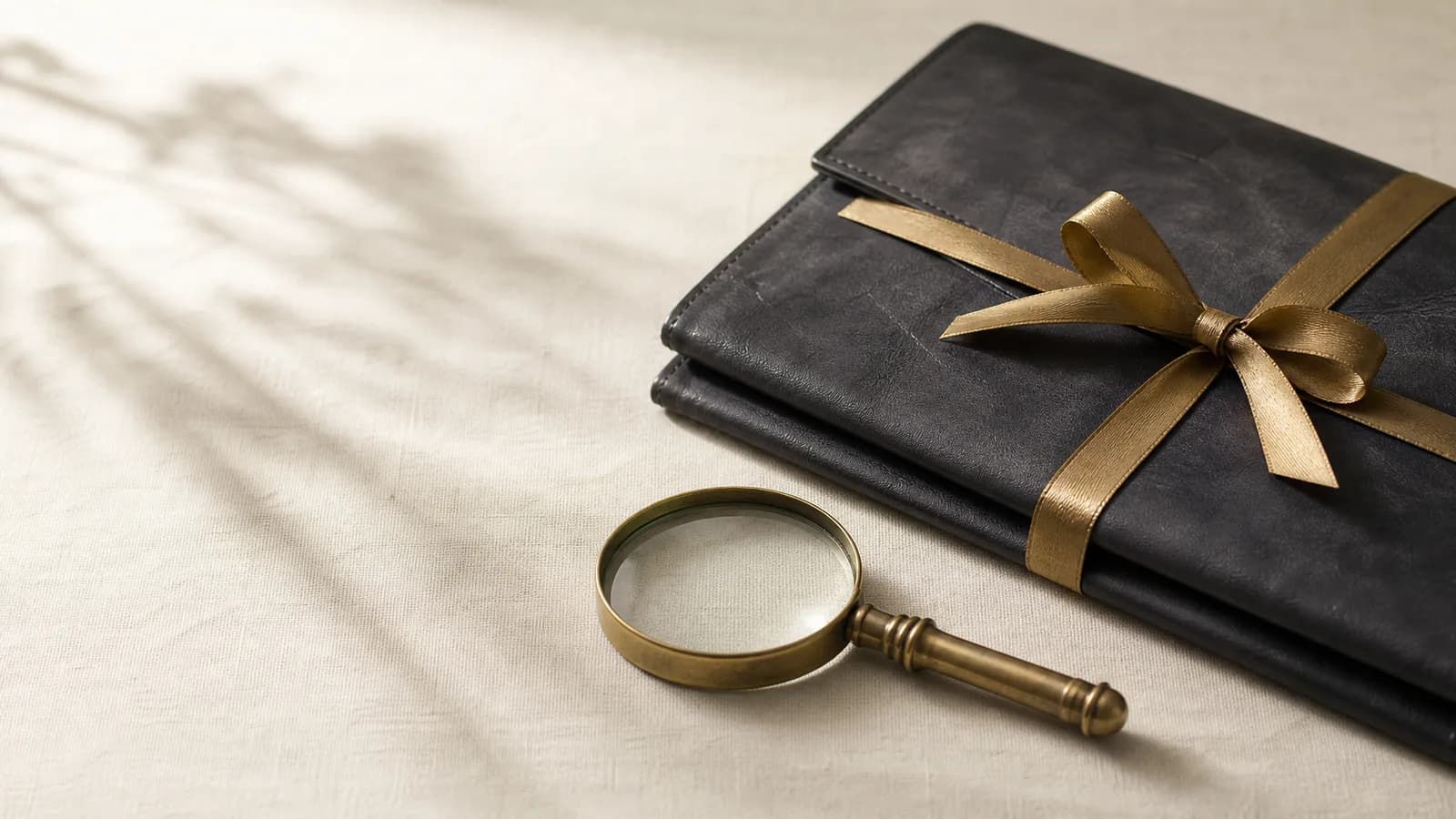 Vintage document folder tied with gold ribbon, with a magnifying glass