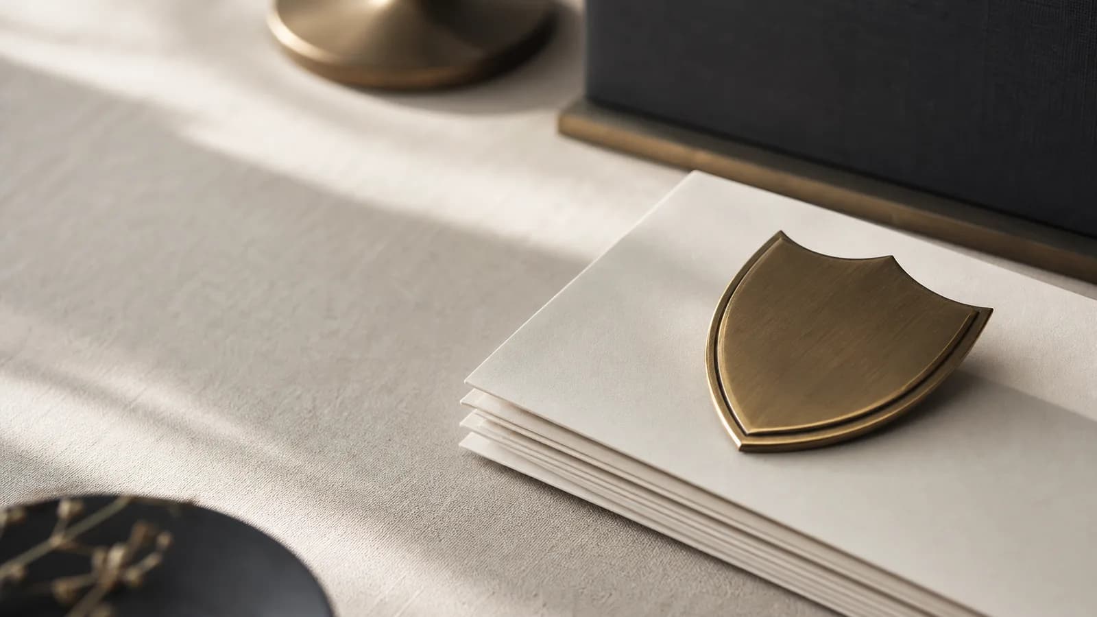Brass shield paperweight on a stack of documents