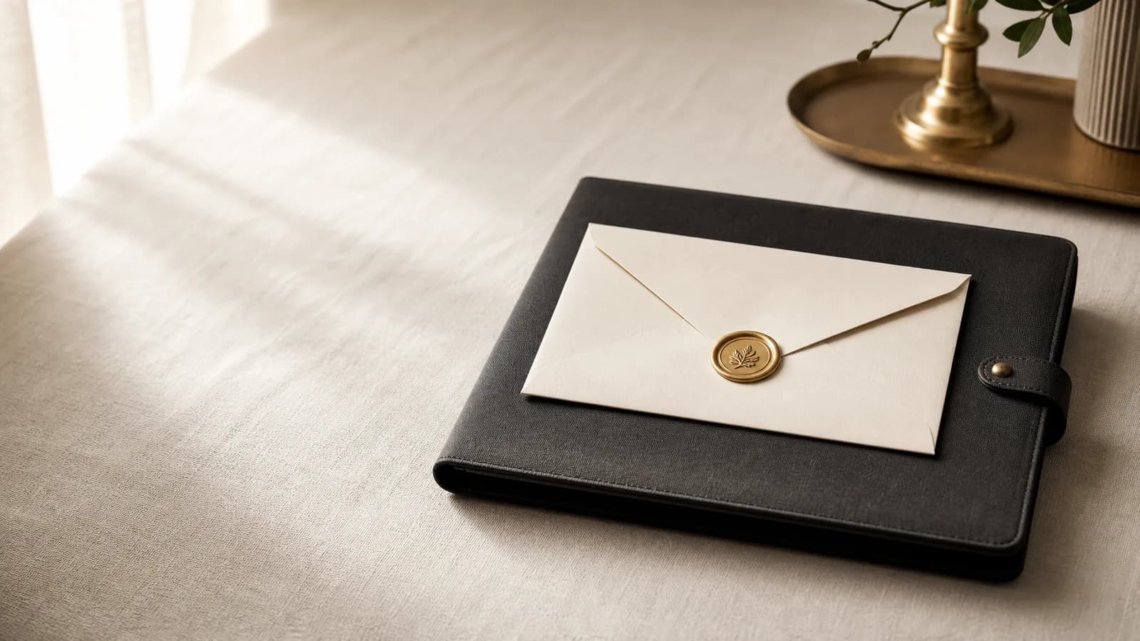 Envelope with a gold wax seal on a document wallet