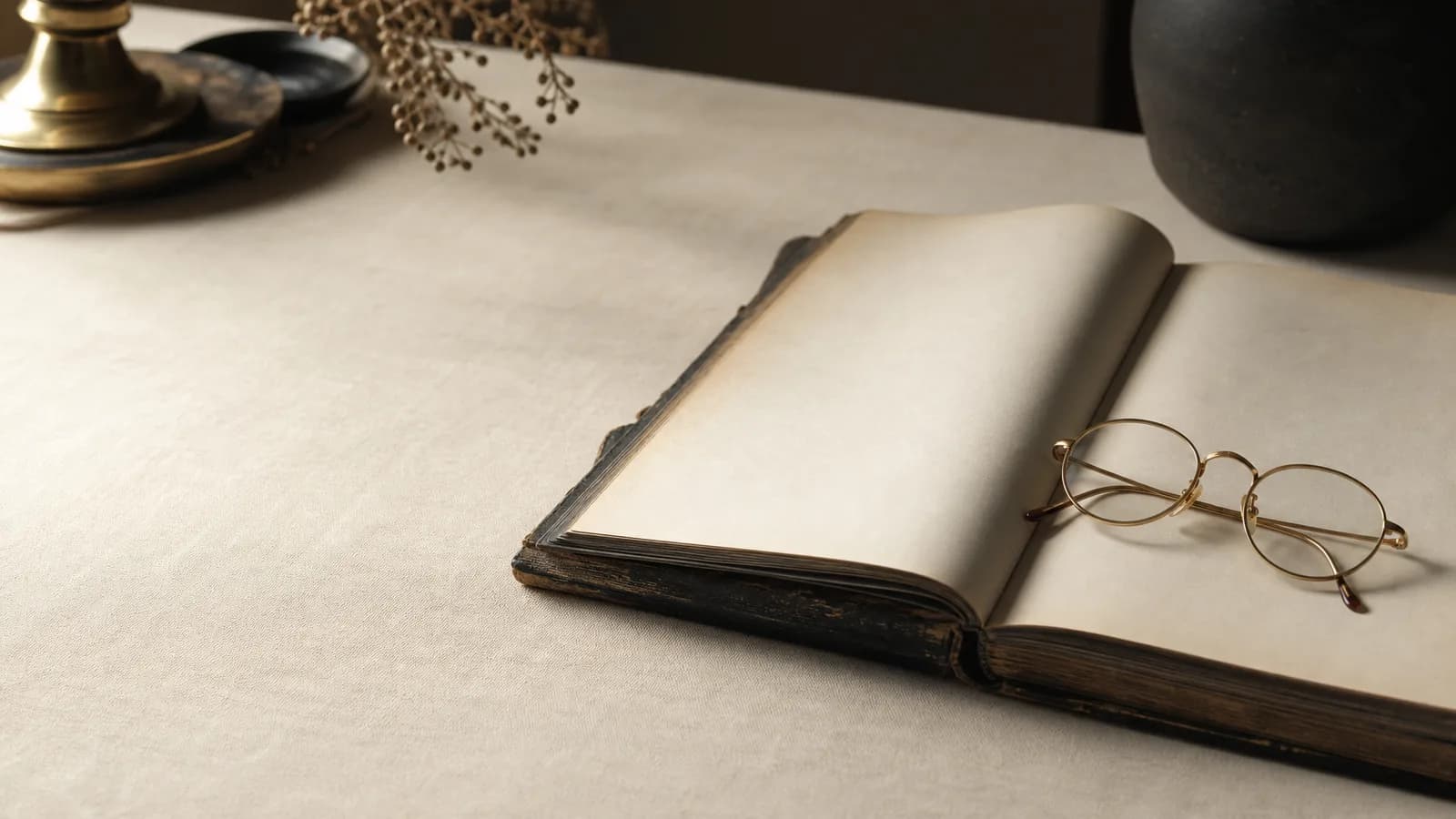 Open ledger with gold-rimmed reading glasses