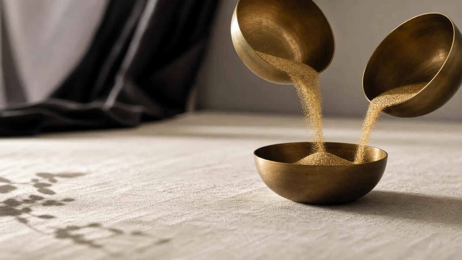 Golden sand poured from two brass bowls into a third