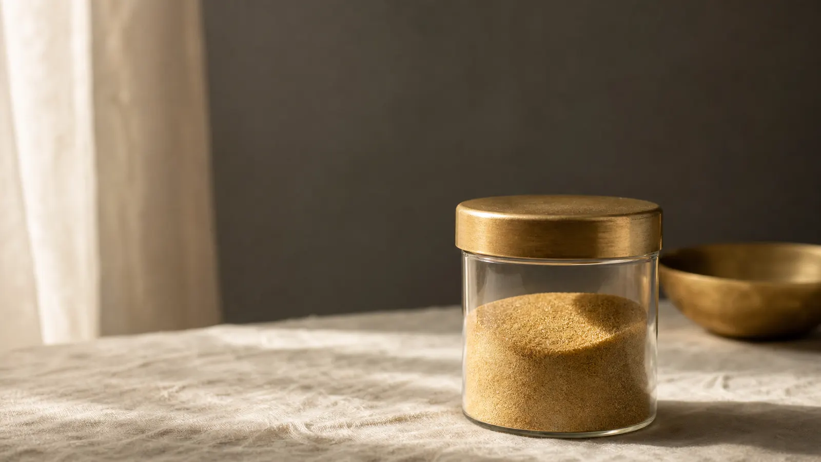 Sealed glass jar of golden sand with a brass lid