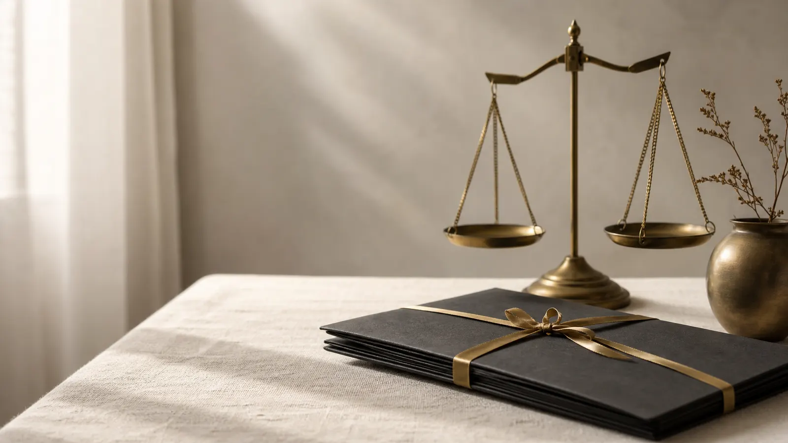 Scales of justice beside a closed file
