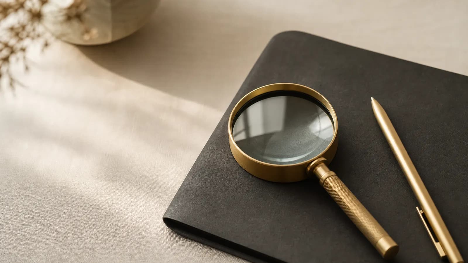 Magnifying glass on a document folder beside a gold pen