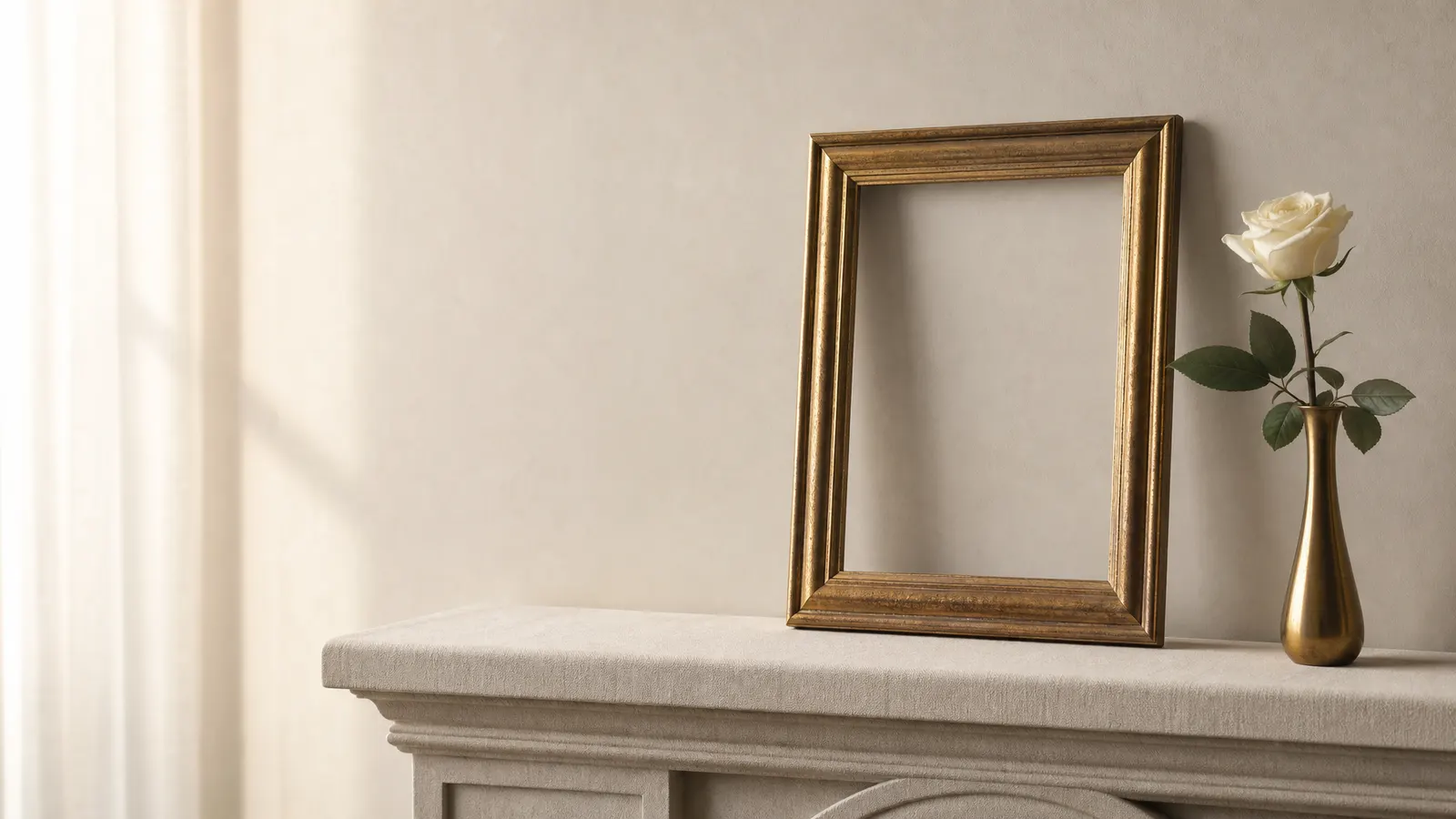 Empty brass picture frame beside a white rose