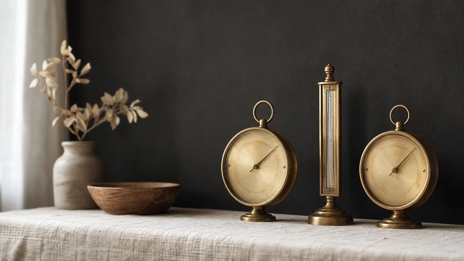 Brass barometer and thermometer on a charcoal wall
