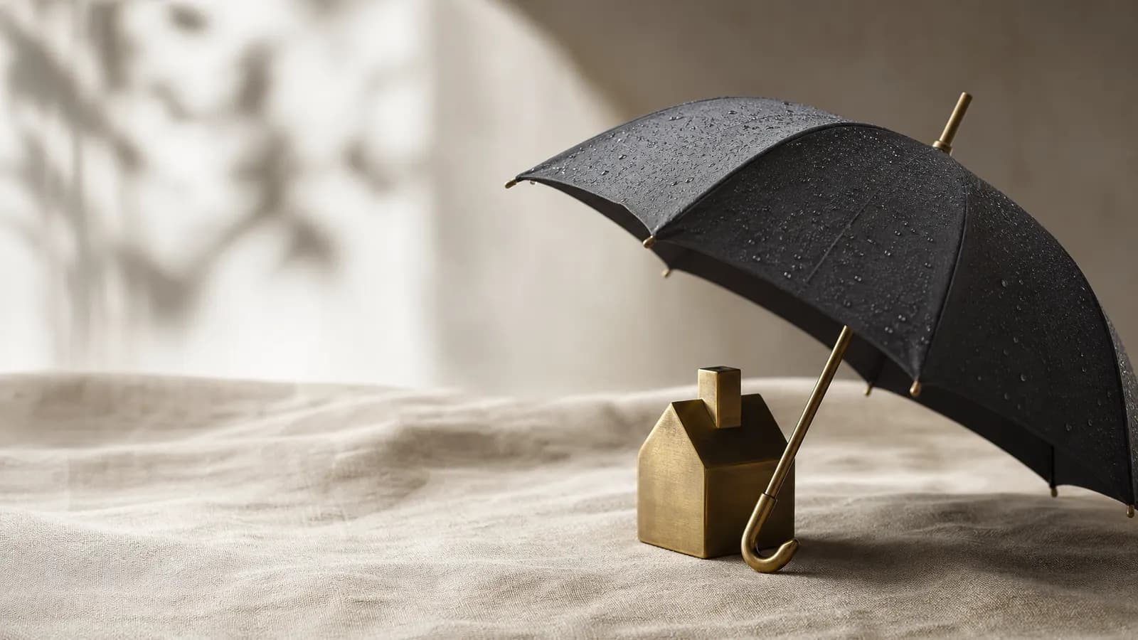 Umbrella sheltering a small brass model house