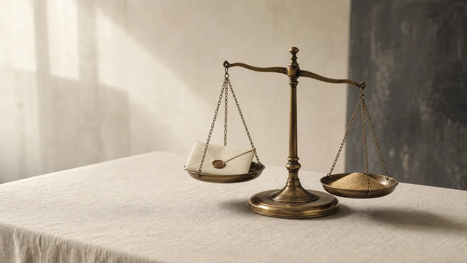 Balance weighing a sealed envelope against golden sand